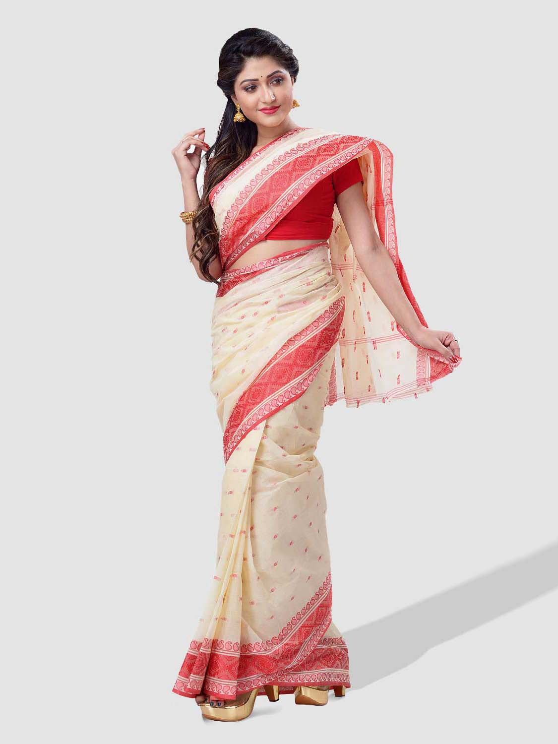  Bengal Soft Cotton Tant Saree Santipur Handloom with Fine Bengali Cotton Saree Handmade Whole Body Design